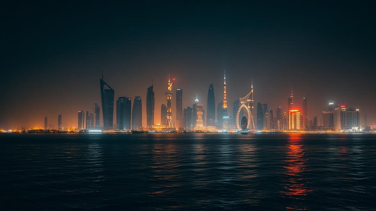 أفق الدوحة ليلاً منعكسًا على الماء